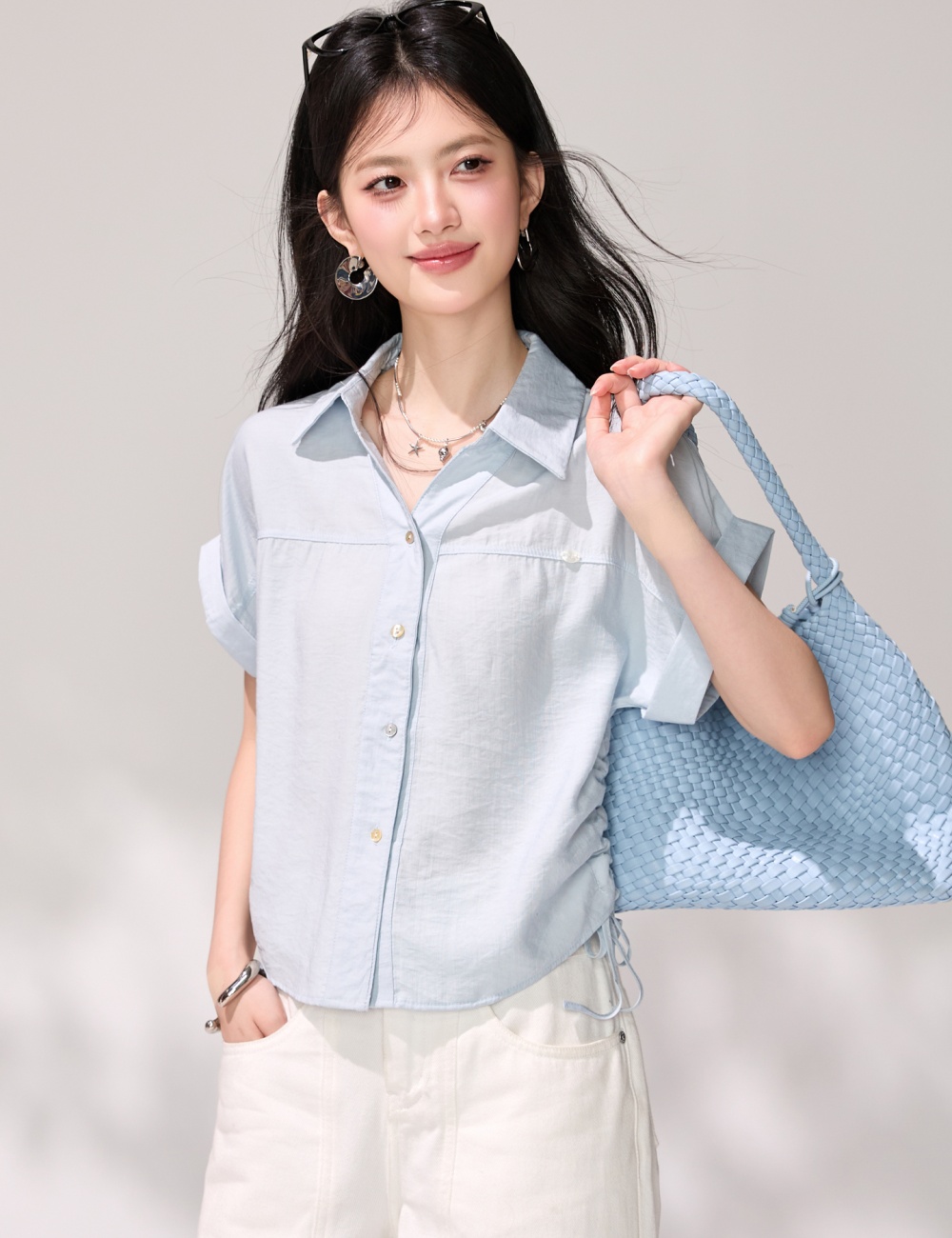 Light-blue commuting tops short sleeve summer shirt