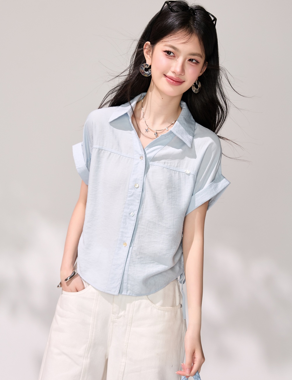Light-blue commuting tops short sleeve summer shirt