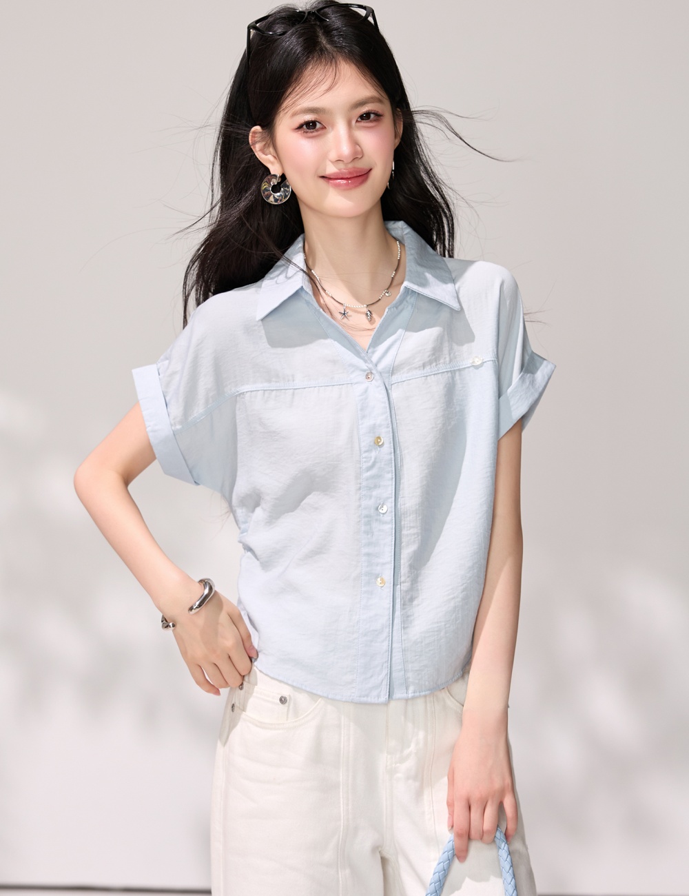 Light-blue commuting tops short sleeve summer shirt