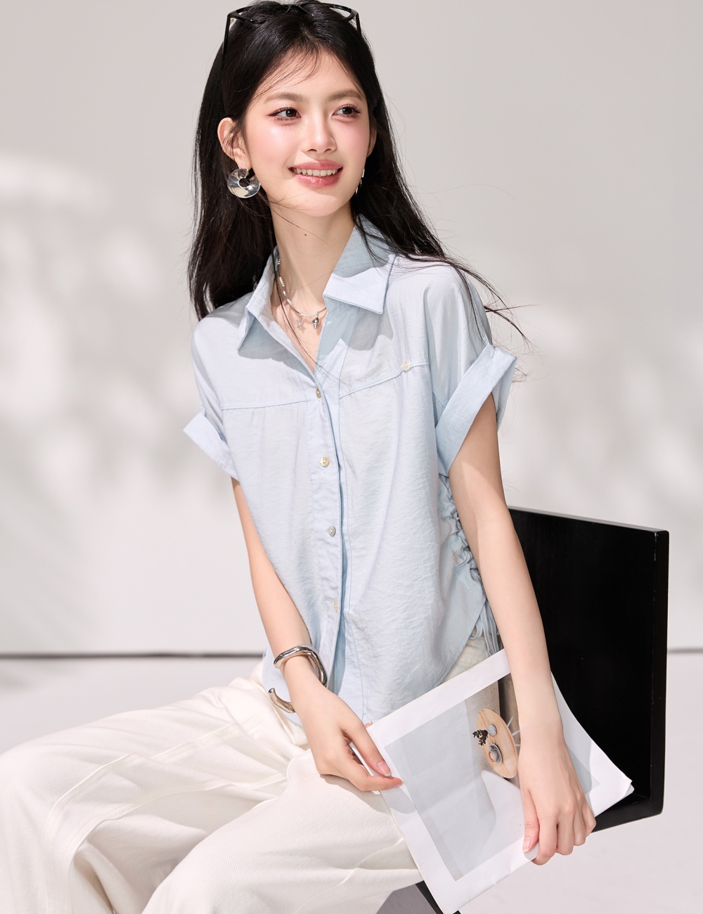 Light-blue commuting tops short sleeve summer shirt