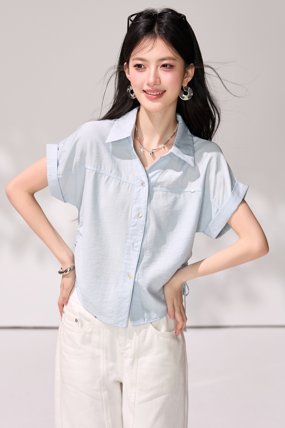 Light-blue commuting tops short sleeve summer shirt