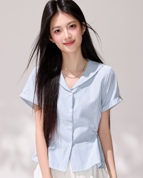 Stripe summer navy collar shirt fresh short sleeve tops for women