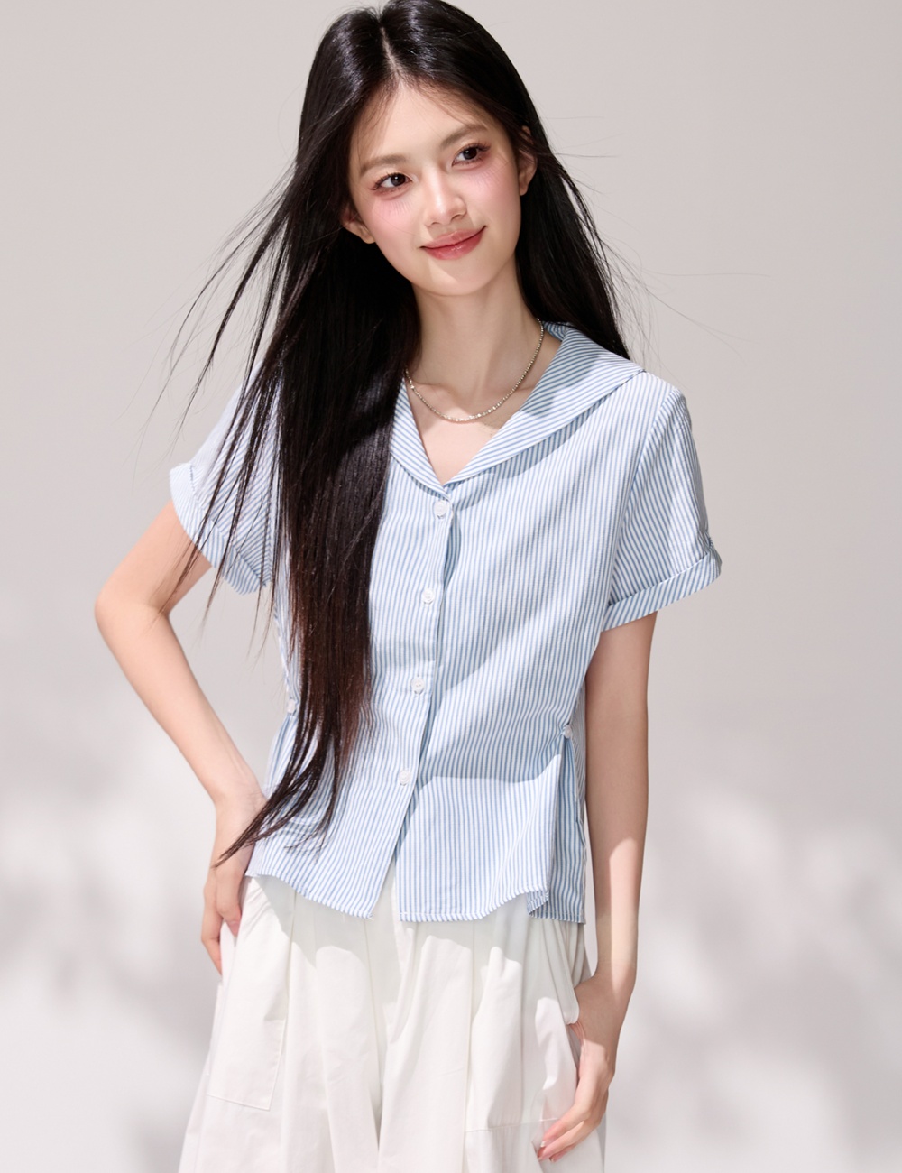 Stripe summer navy collar shirt fresh short sleeve tops for women