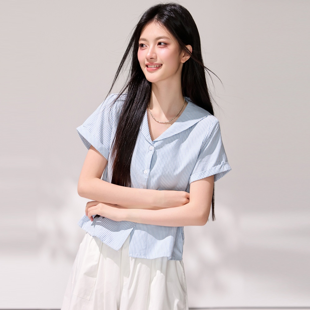 Stripe summer navy collar shirt fresh short sleeve tops for women