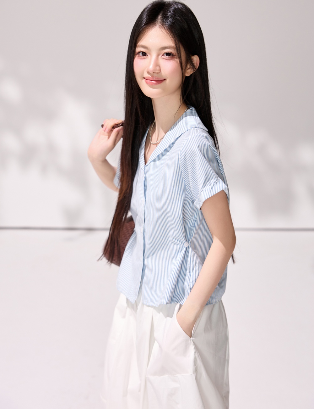 Stripe summer navy collar shirt fresh short sleeve tops for women