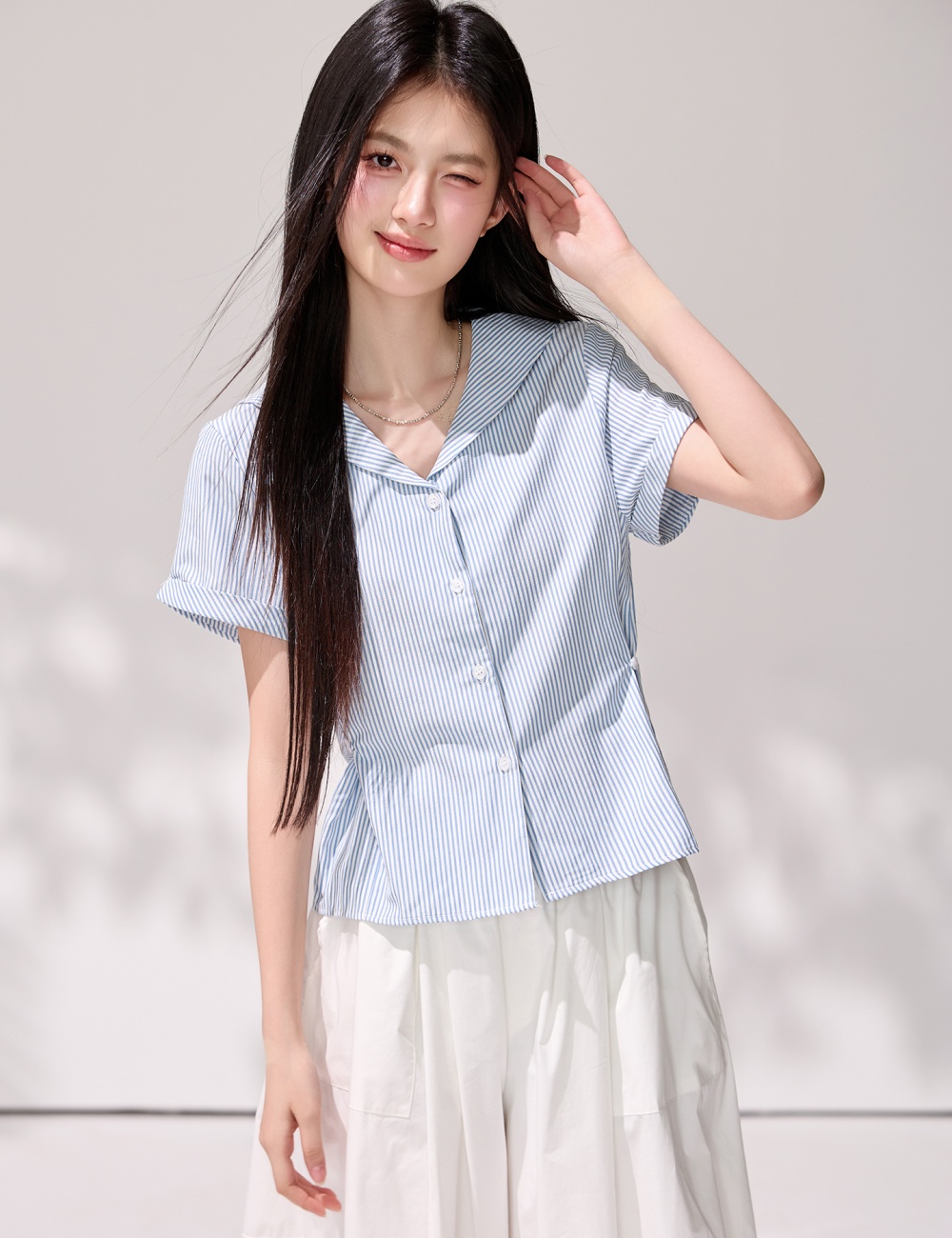 Stripe summer navy collar shirt fresh short sleeve tops for women