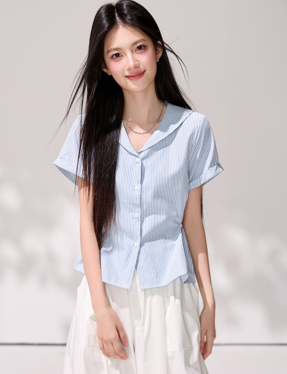 Stripe summer navy collar shirt fresh short sleeve tops for women