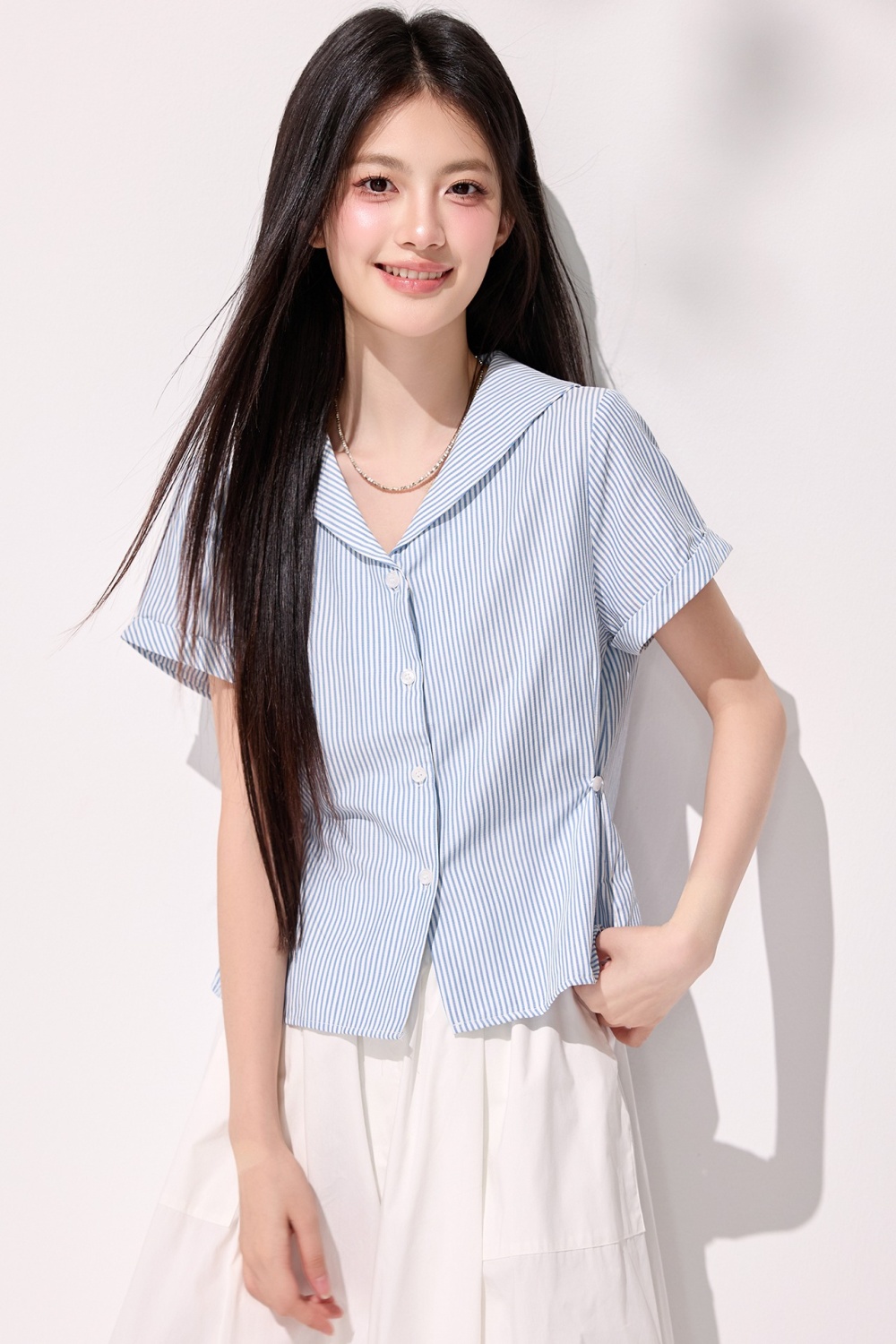Stripe summer navy collar shirt fresh short sleeve tops for women