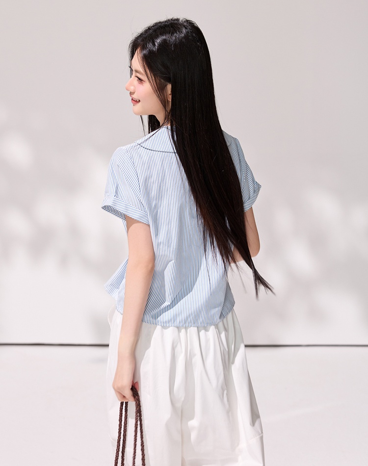 Stripe summer navy collar shirt fresh short sleeve tops for women