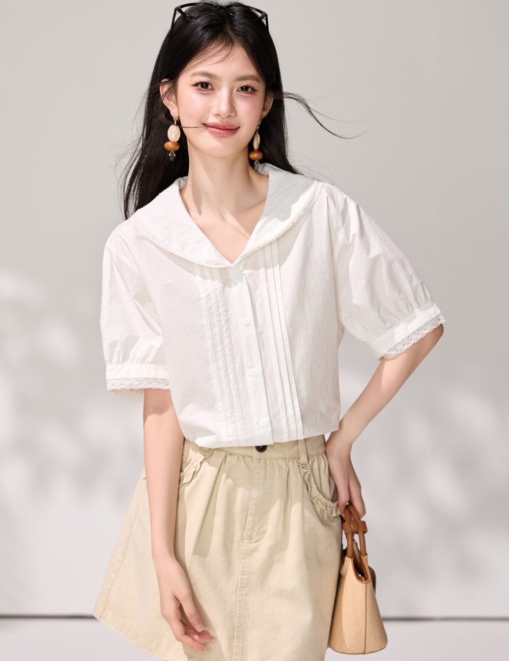 White lace summer tops France style temperament shirt for women