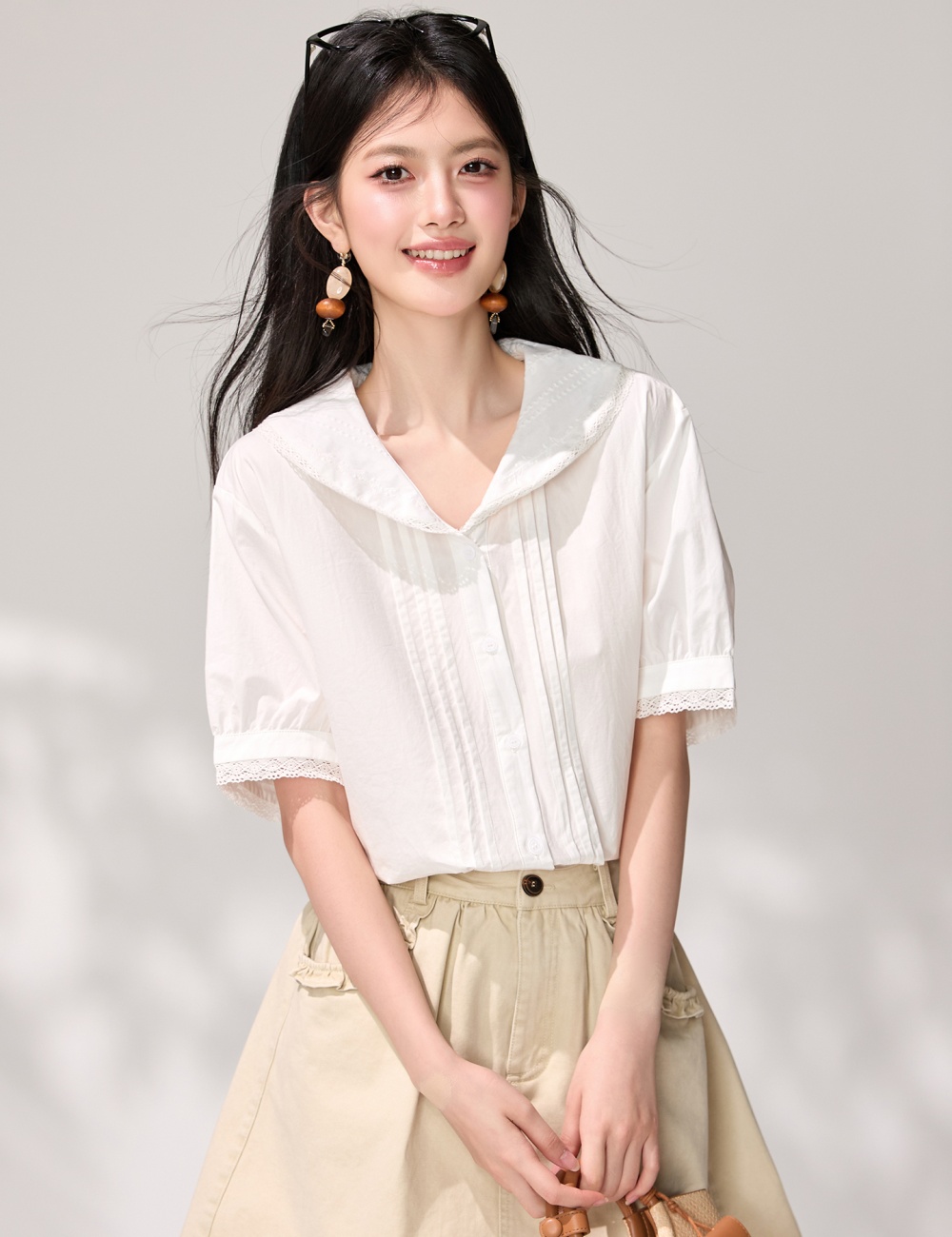 White lace summer tops France style temperament shirt for women