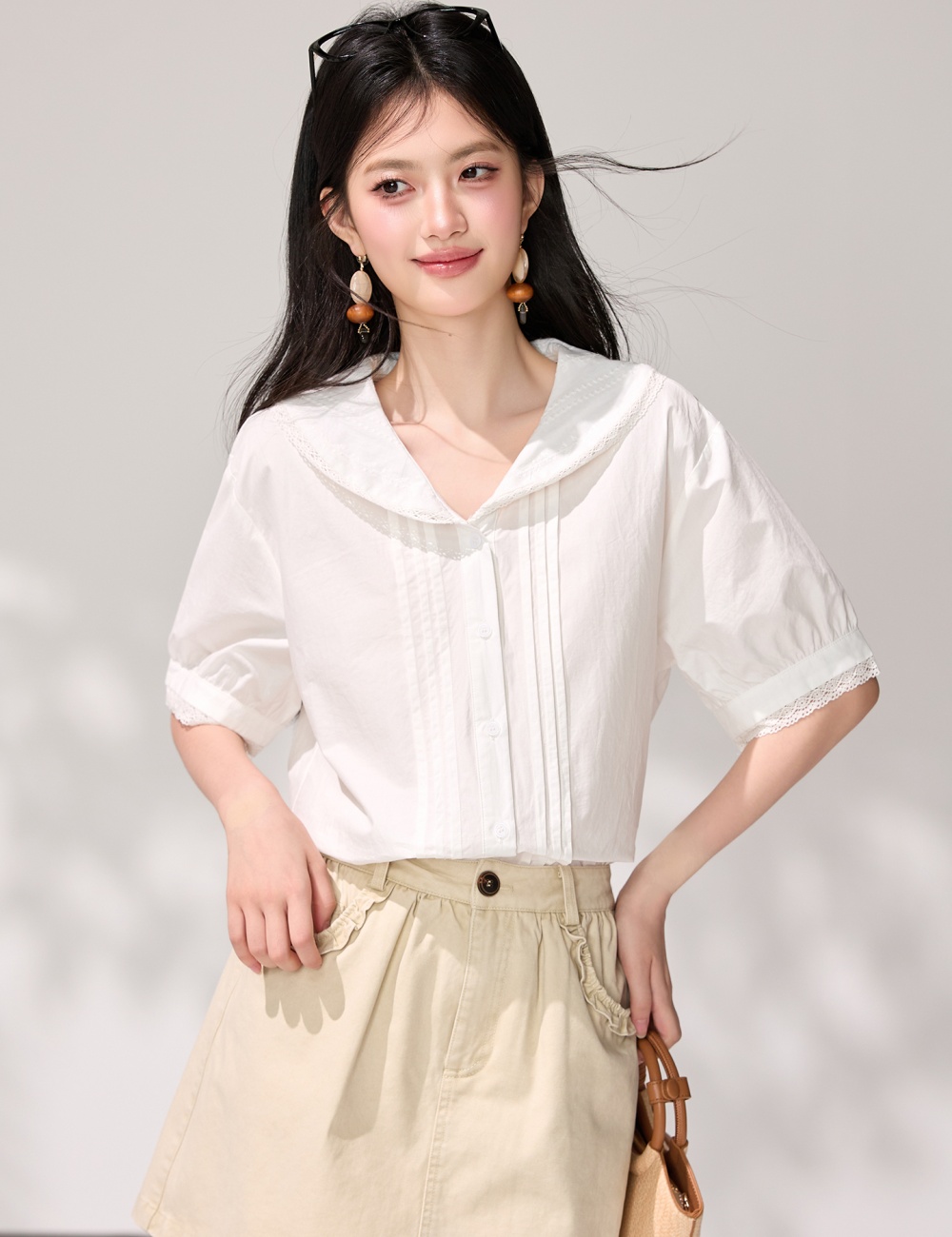 White lace summer tops France style temperament shirt for women