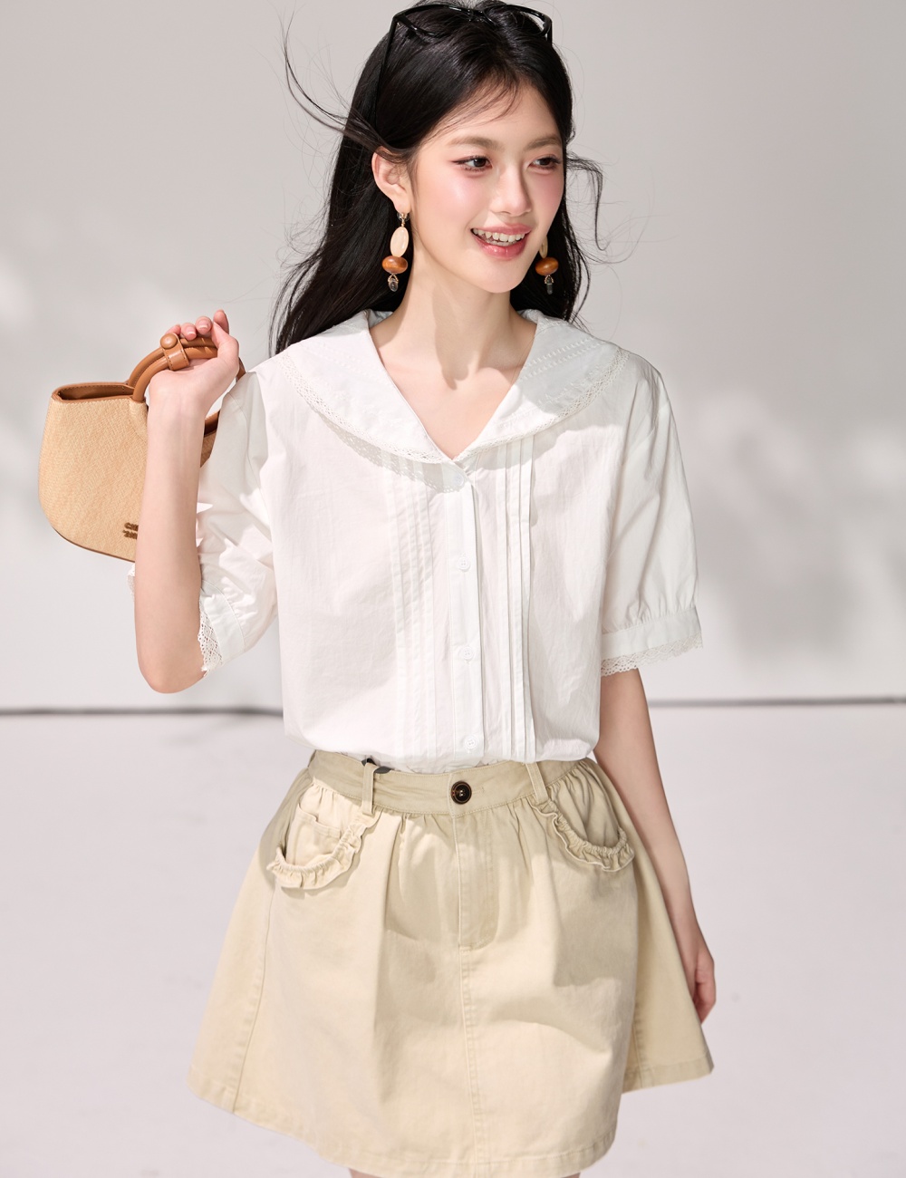 White lace summer tops France style temperament shirt for women