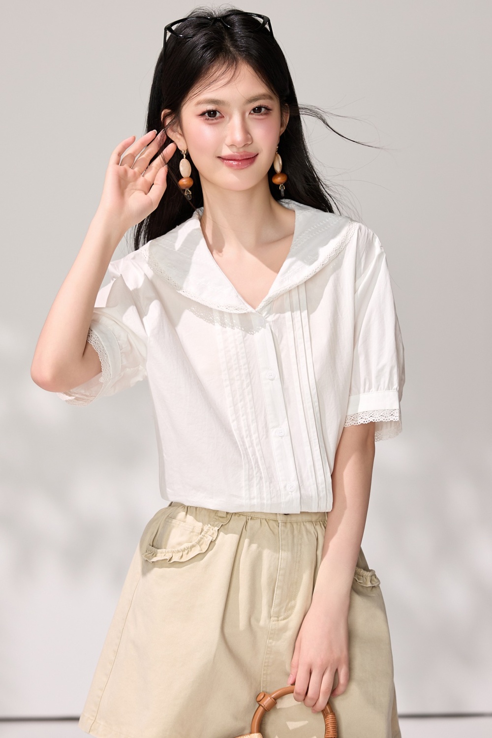 White lace summer tops France style temperament shirt for women