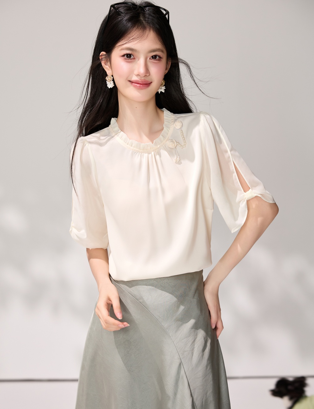 Split slim chiffon shirt short sleeve temperament shirt