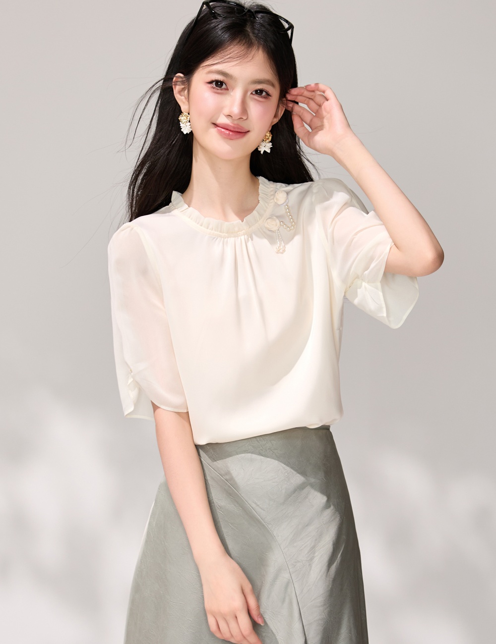 Split slim chiffon shirt short sleeve temperament shirt