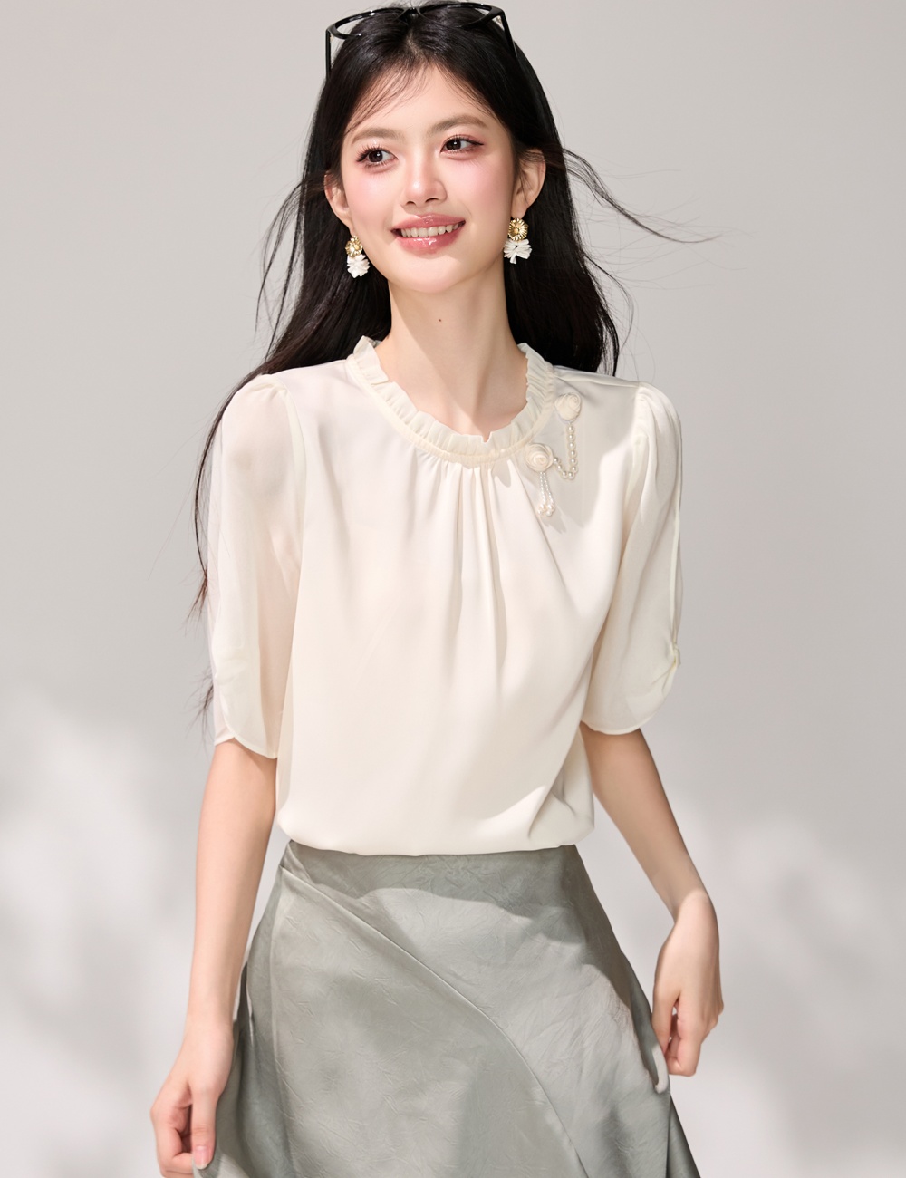 Split slim chiffon shirt short sleeve temperament shirt