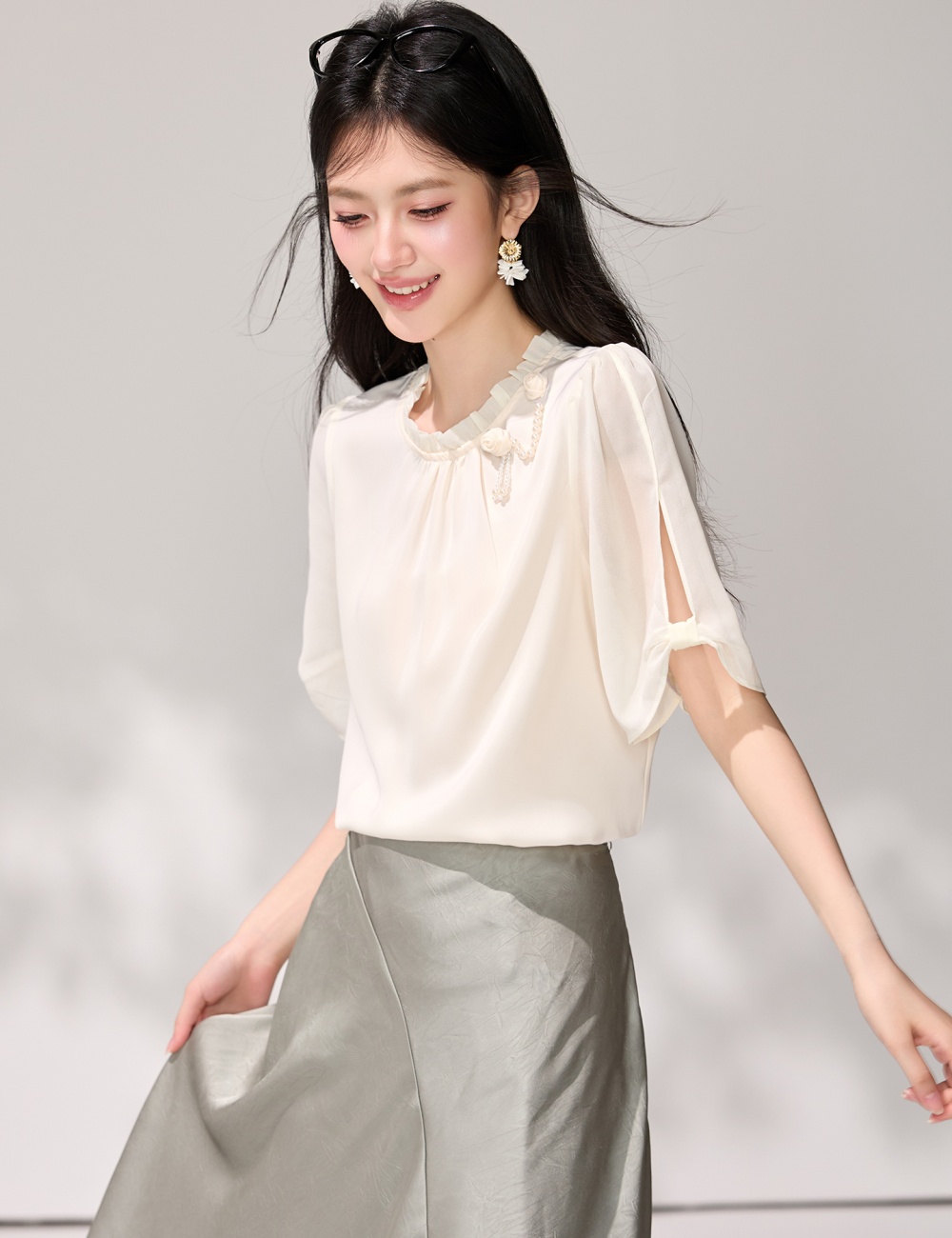 Split slim chiffon shirt short sleeve temperament shirt