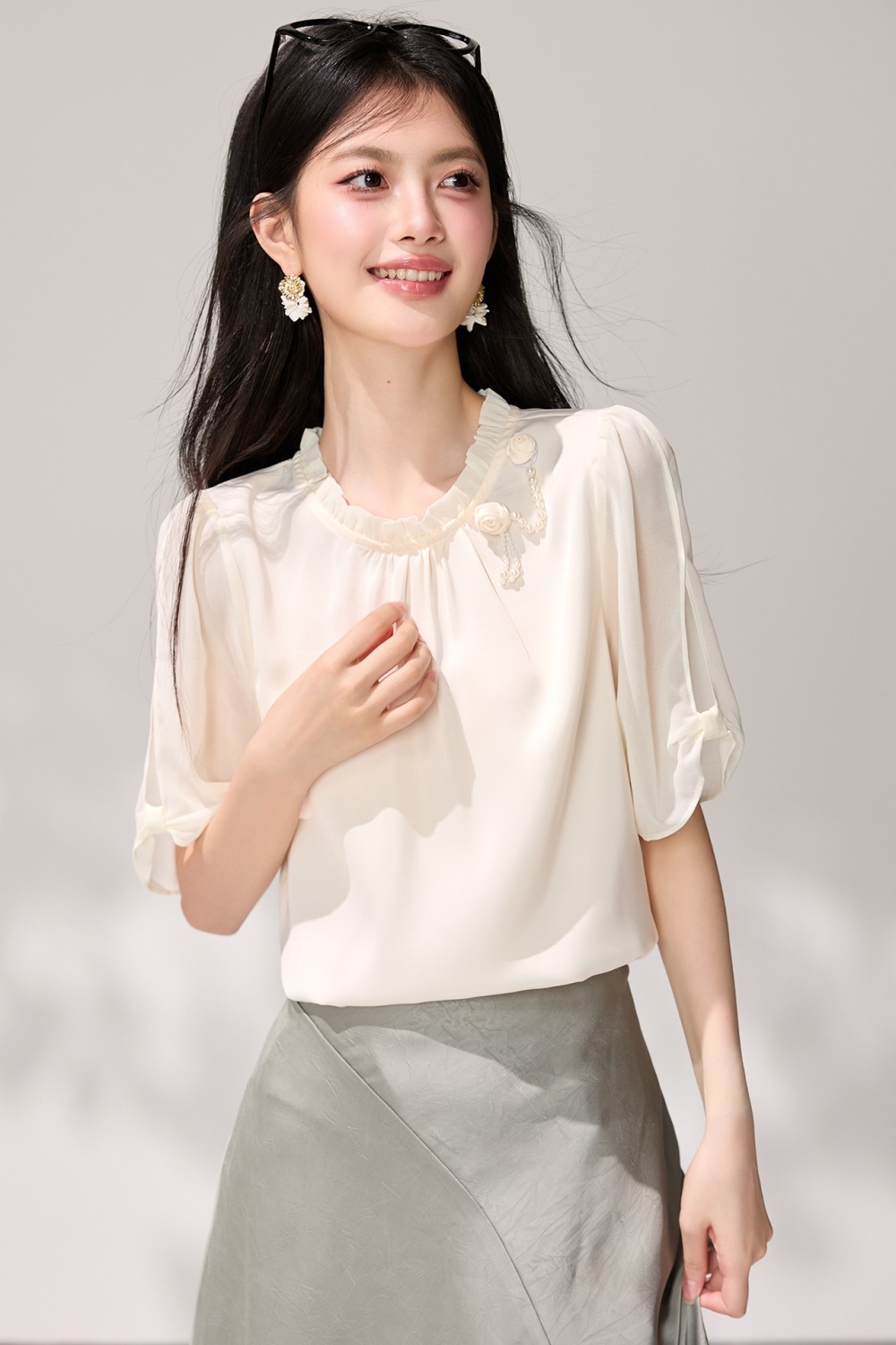 Split slim chiffon shirt short sleeve temperament shirt