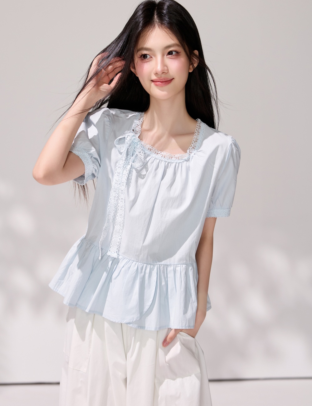 France style frenum tops light-blue shirt for women
