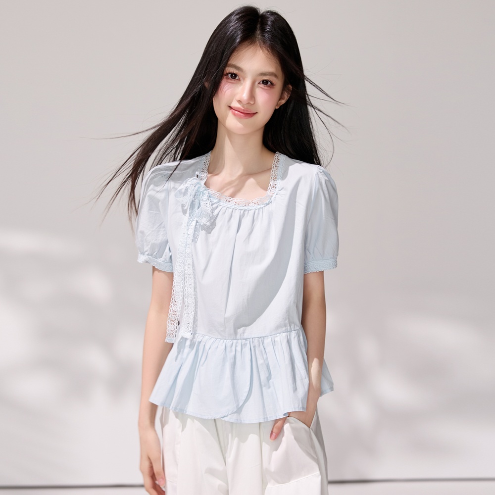 France style frenum tops light-blue shirt for women