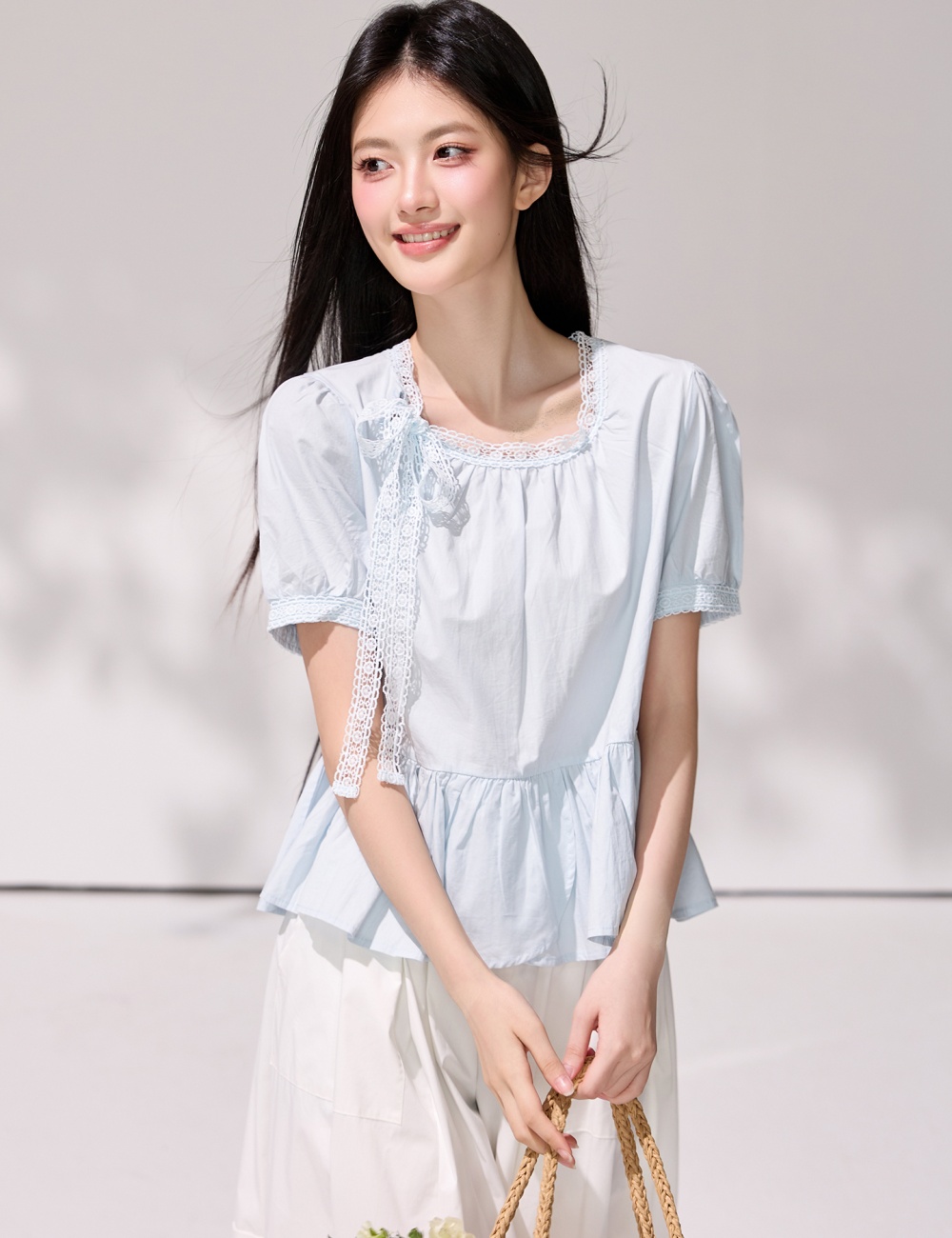France style frenum tops light-blue shirt for women