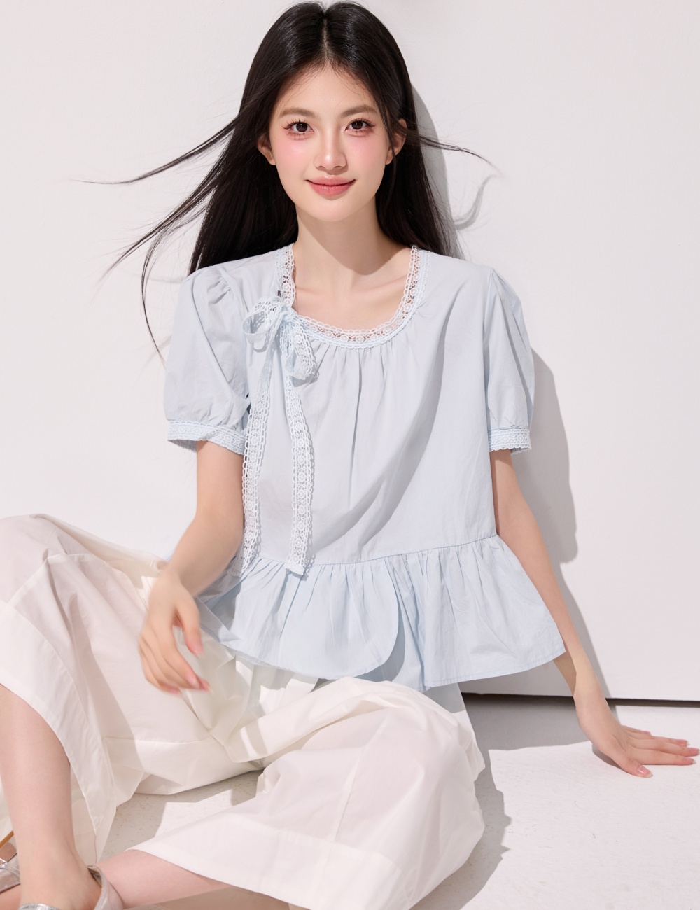France style frenum tops light-blue shirt for women