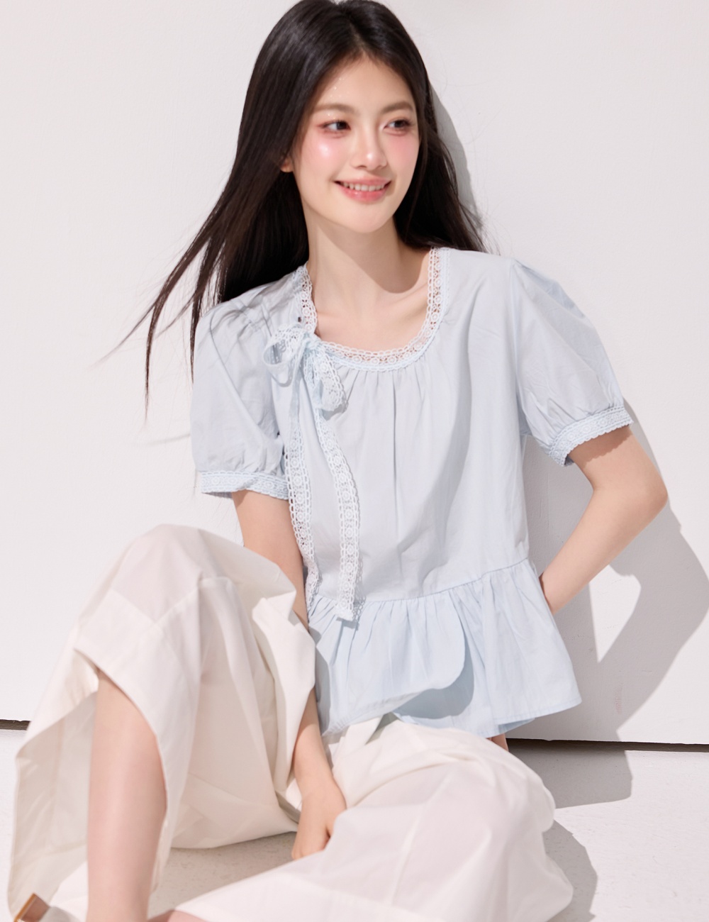 France style frenum tops light-blue shirt for women