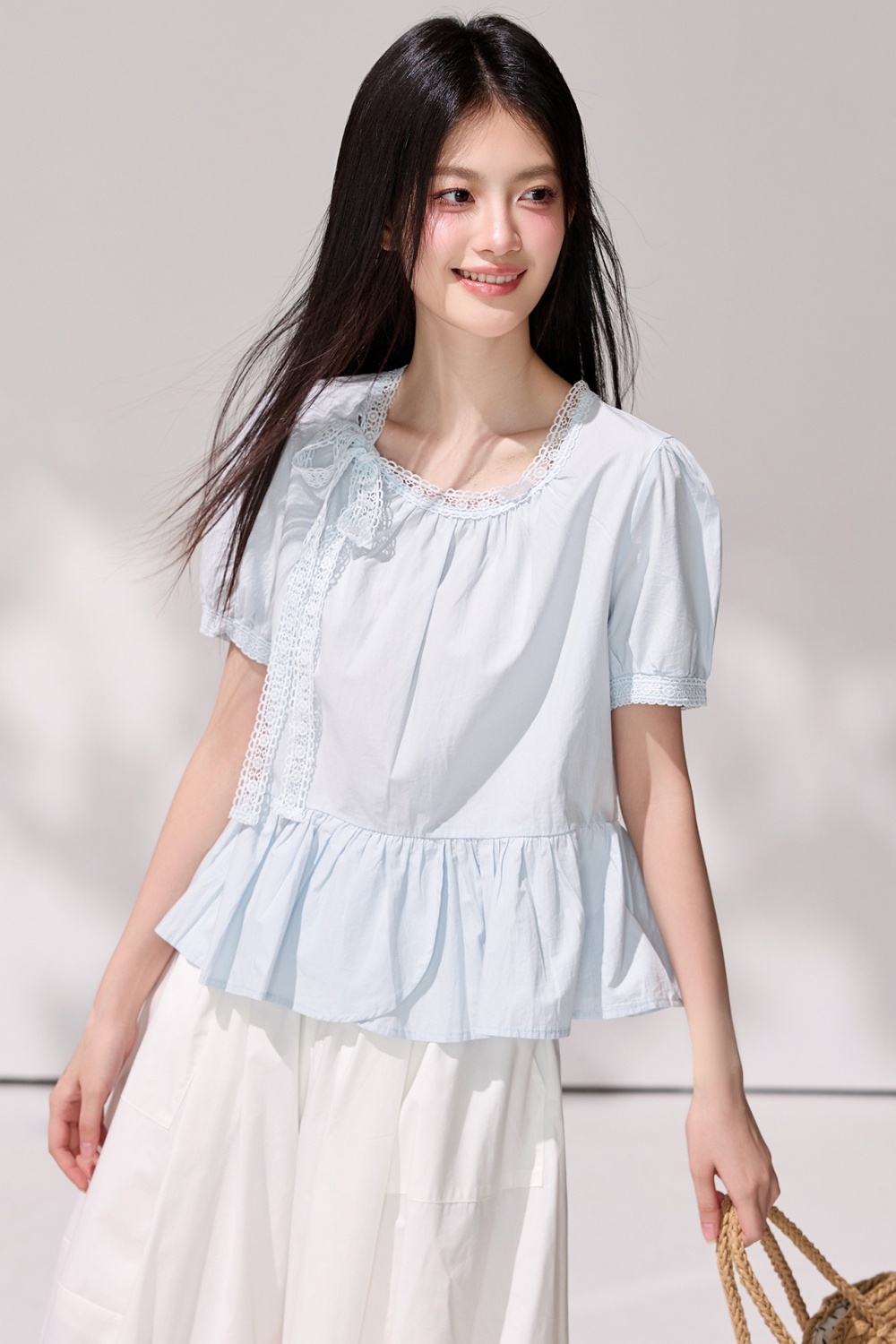 France style frenum tops light-blue shirt for women