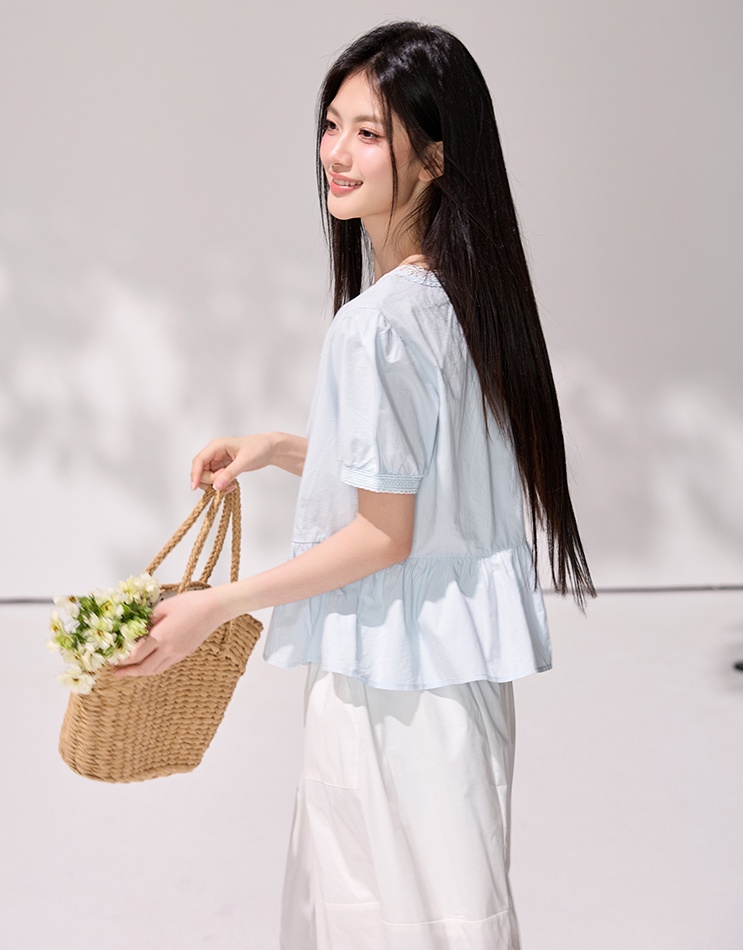 France style frenum tops light-blue shirt for women