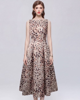 Sleeveless pinched waist printing A-line high waist dress