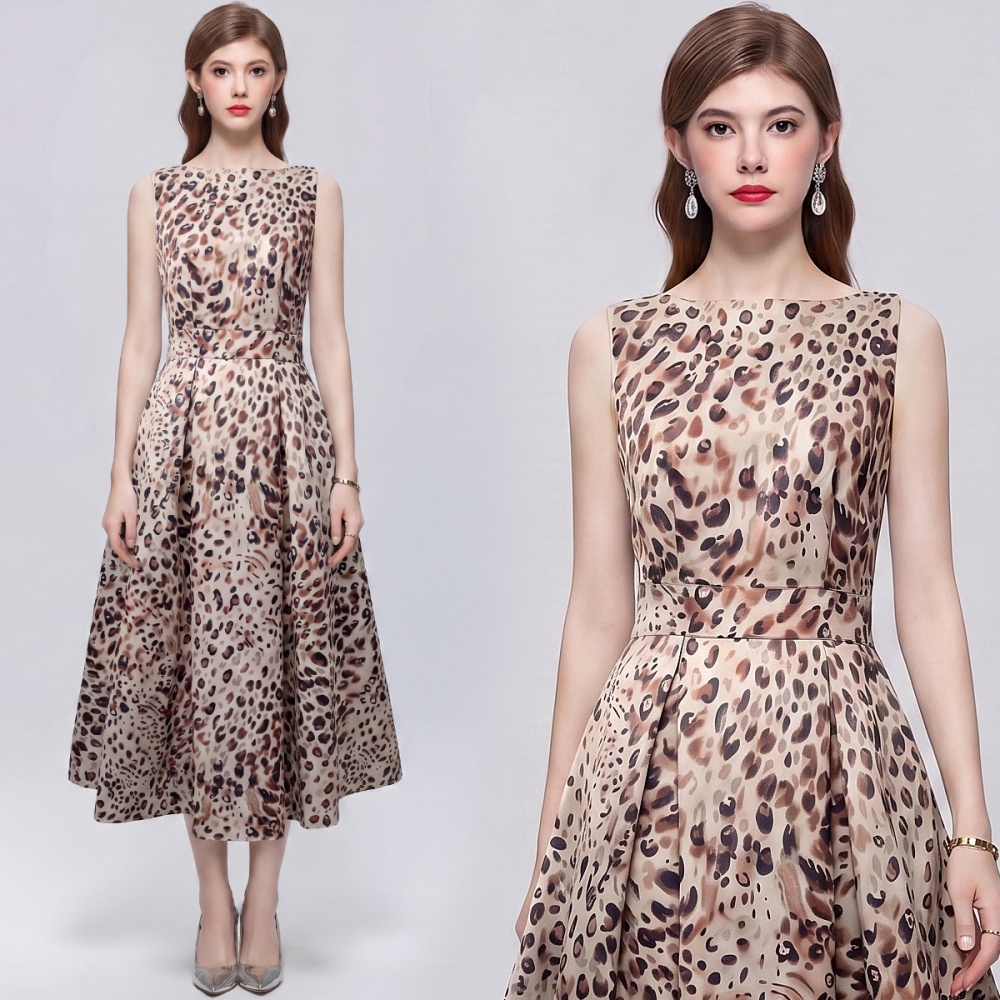 Sleeveless pinched waist printing A-line high waist dress
