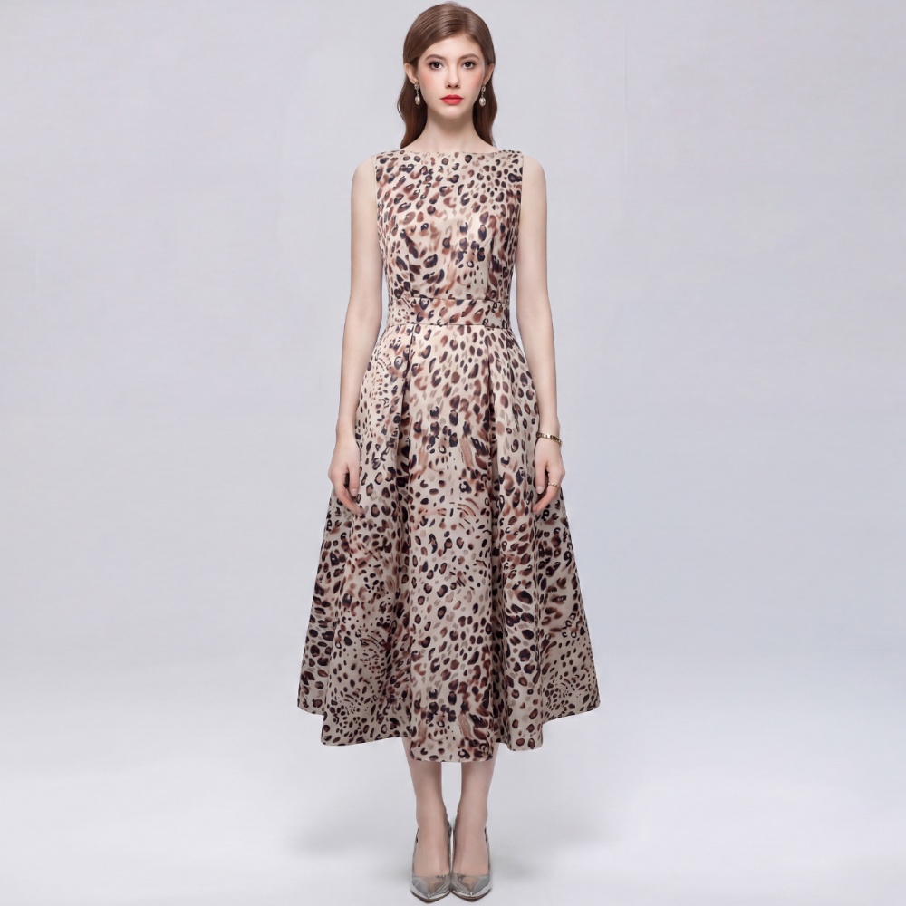 Sleeveless pinched waist printing A-line high waist dress
