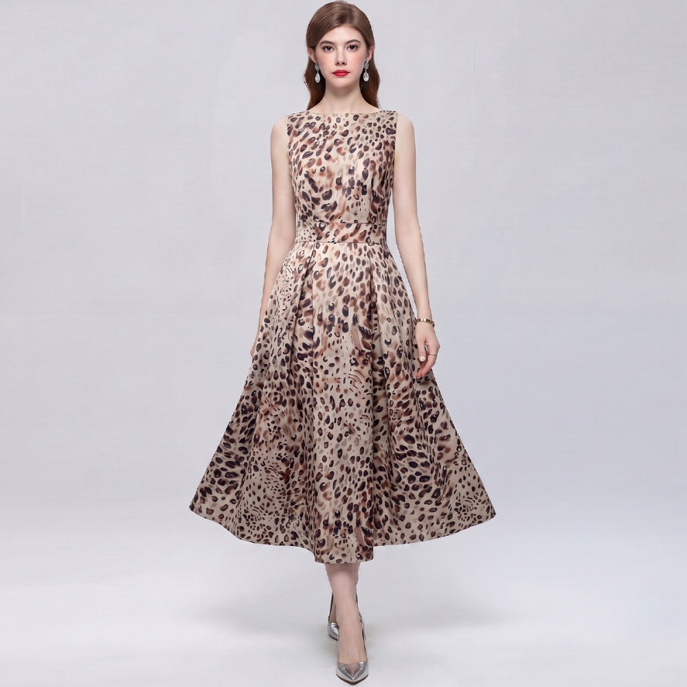 Sleeveless pinched waist printing A-line high waist dress