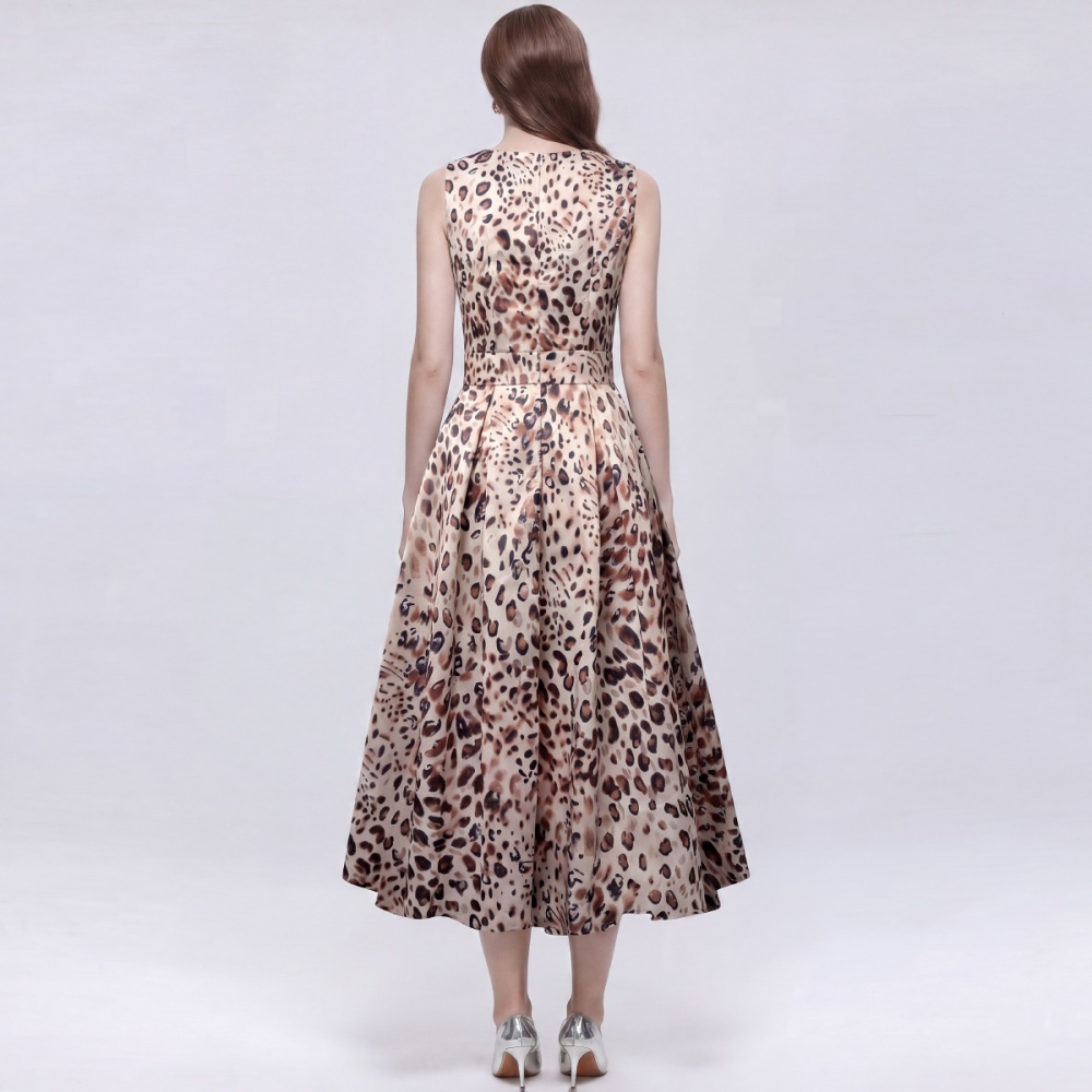 Sleeveless pinched waist printing A-line high waist dress