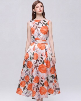 A-line sleeveless printing clipping high waist dress