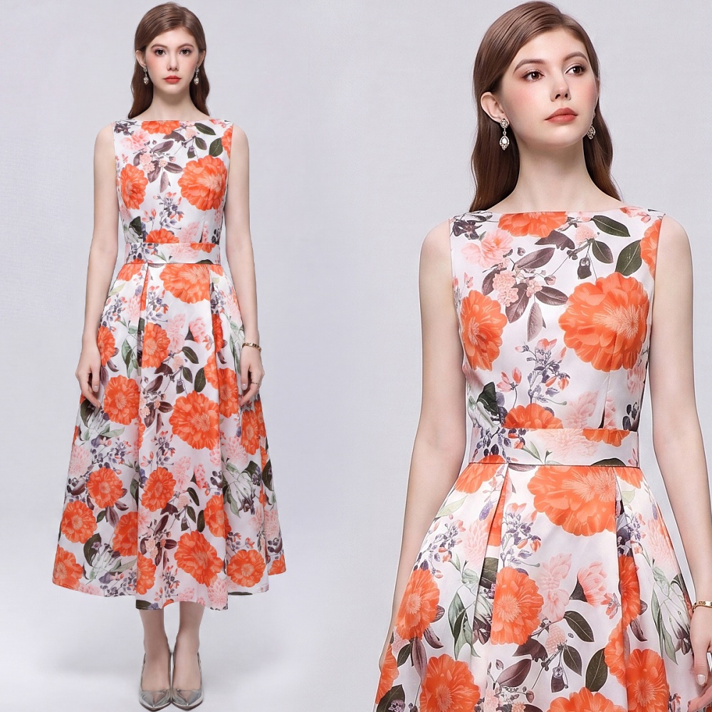 A-line sleeveless printing clipping high waist dress