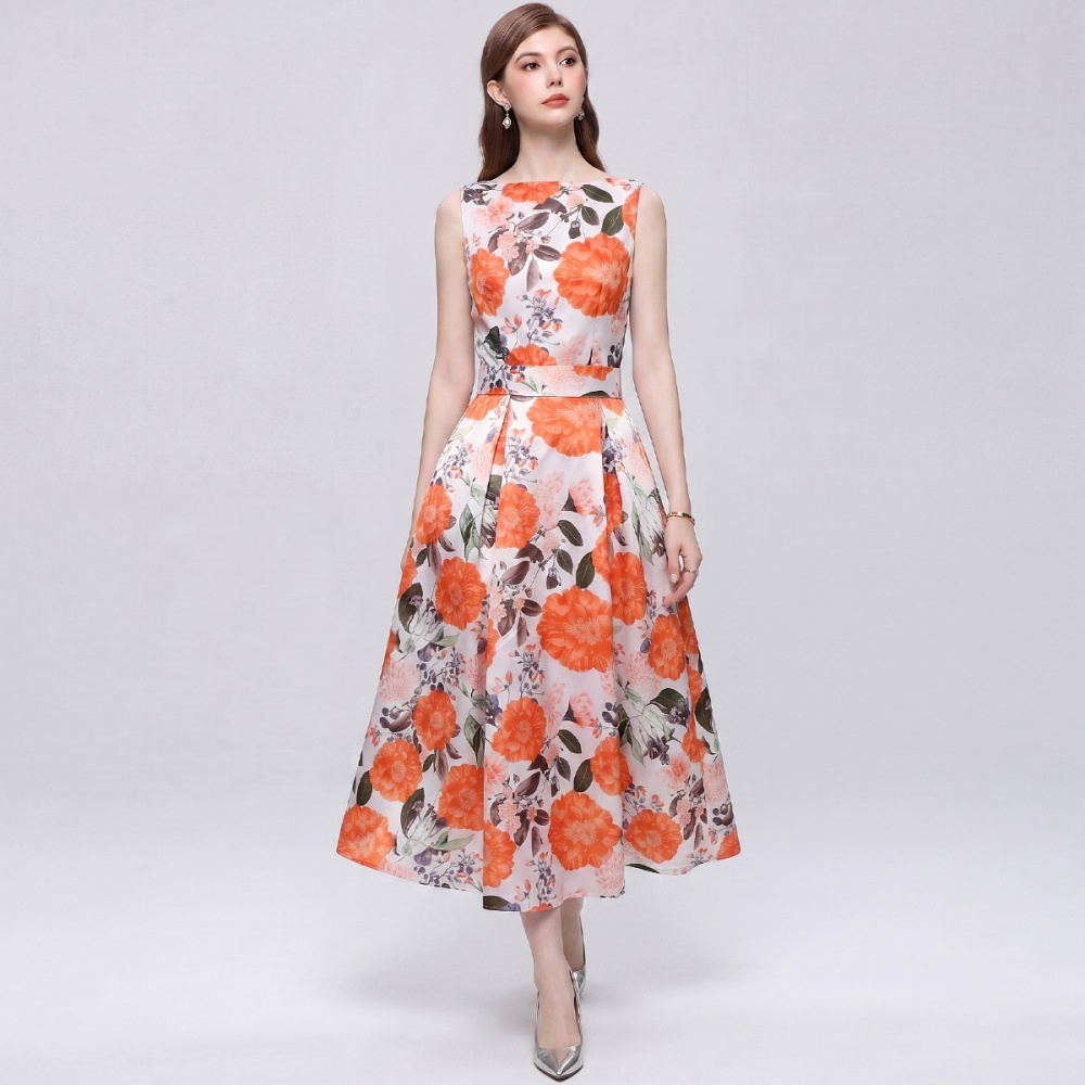 A-line sleeveless printing clipping high waist dress