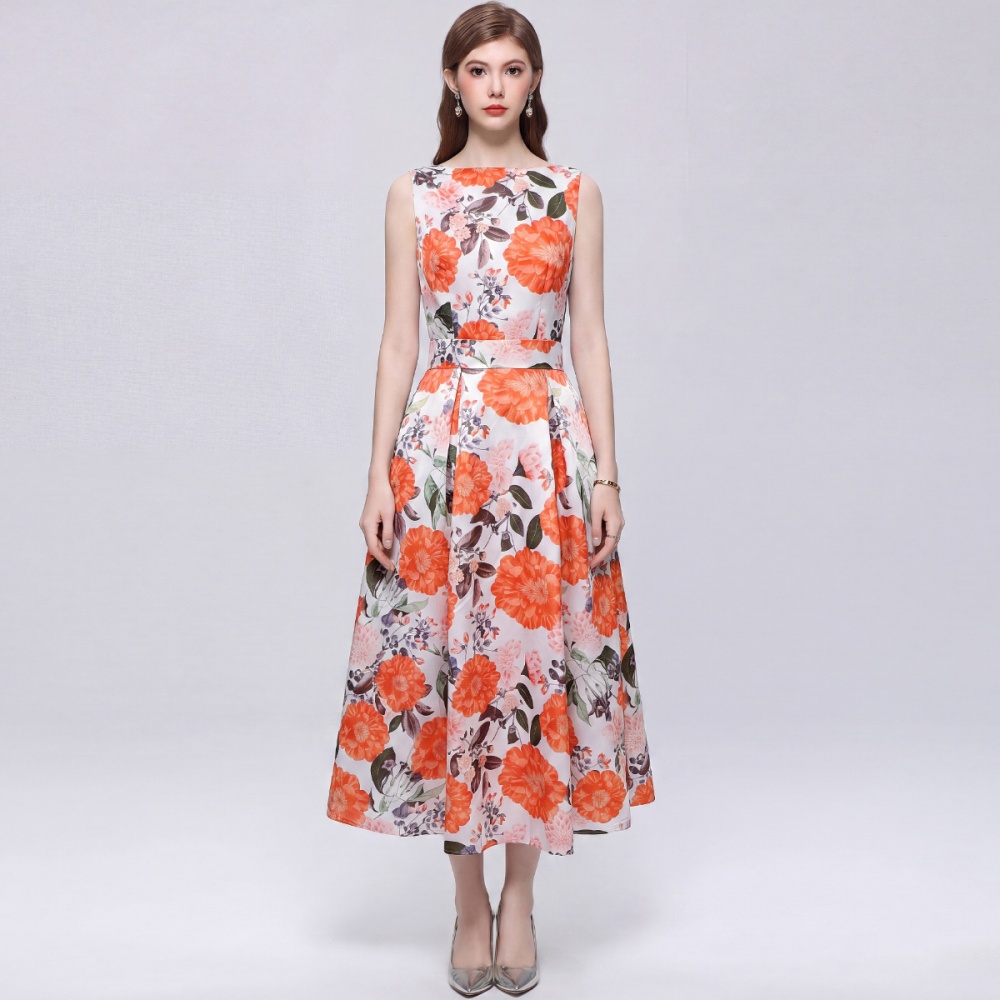 A-line sleeveless printing clipping high waist dress
