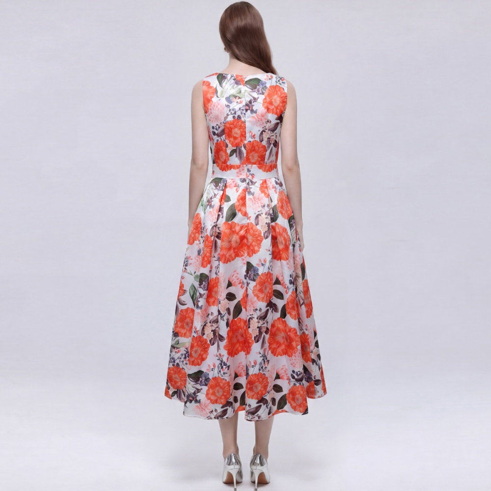 A-line sleeveless printing clipping high waist dress