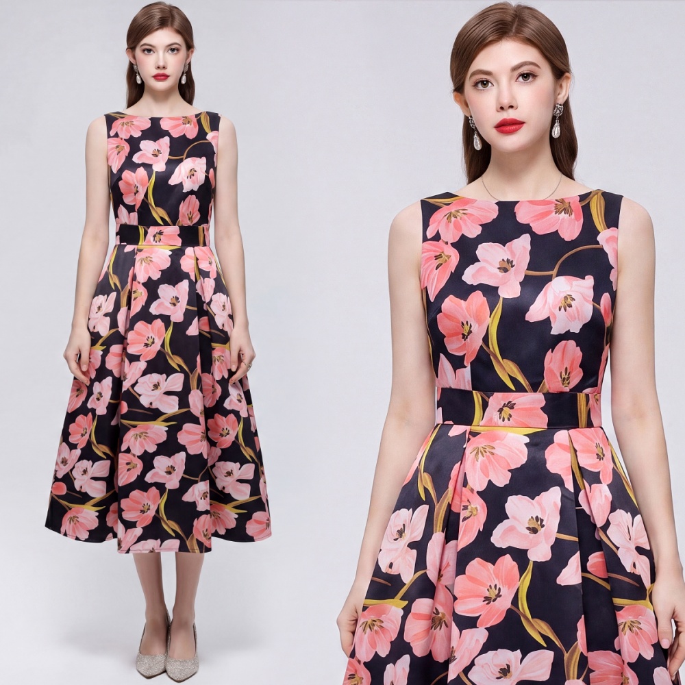 Sleeveless pinched waist A-line clipping stereoscopic dress