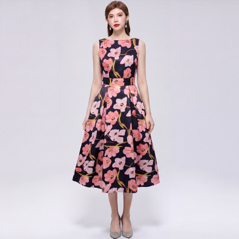 Sleeveless pinched waist A-line clipping stereoscopic dress