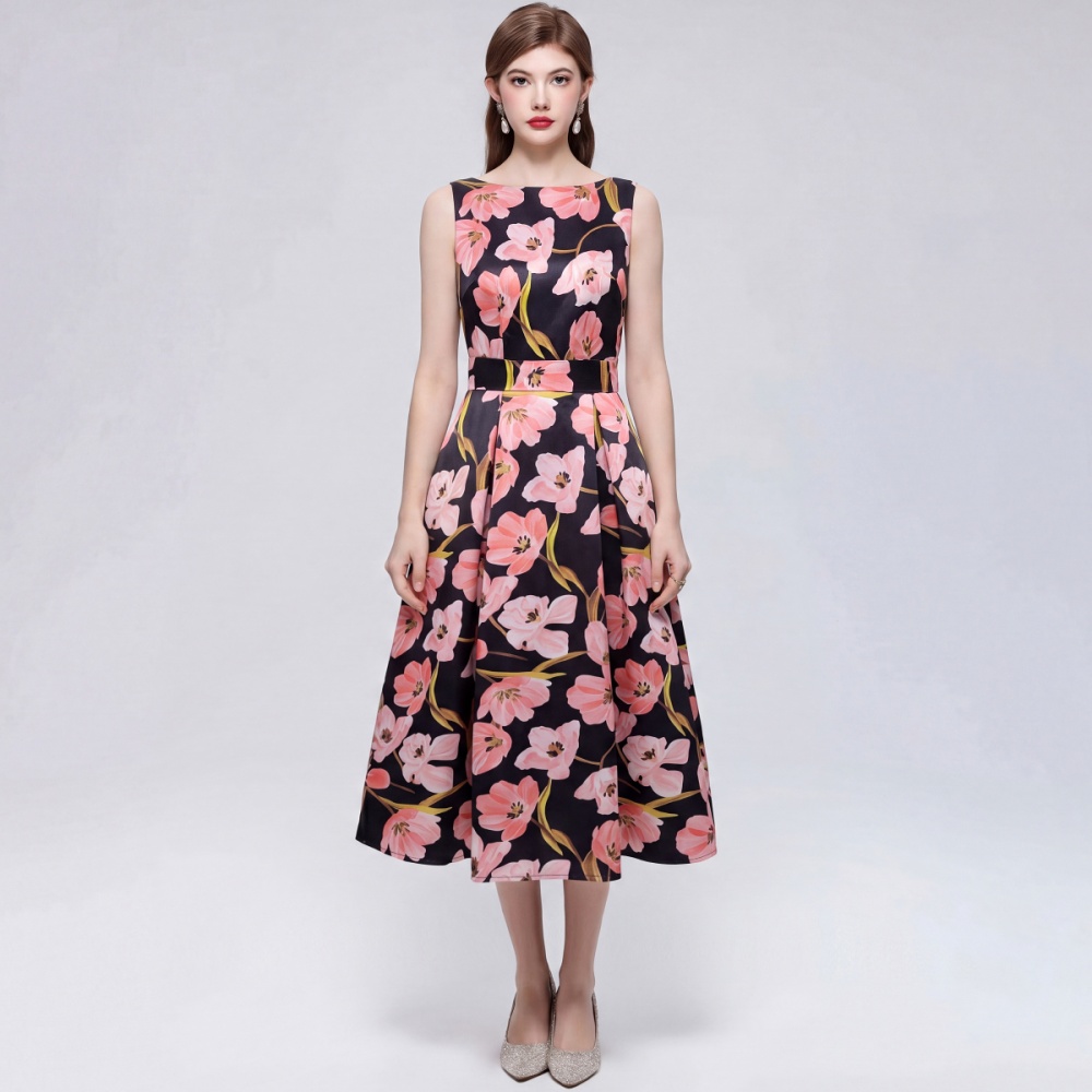 Sleeveless pinched waist A-line clipping stereoscopic dress