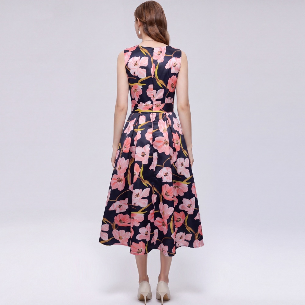 Sleeveless pinched waist A-line clipping stereoscopic dress