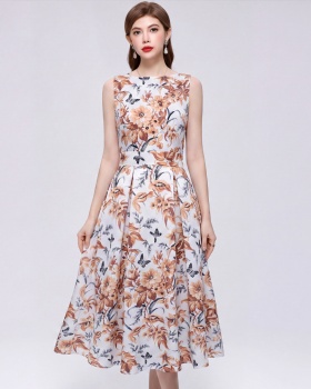A-line France style printing high waist pinched waist dress