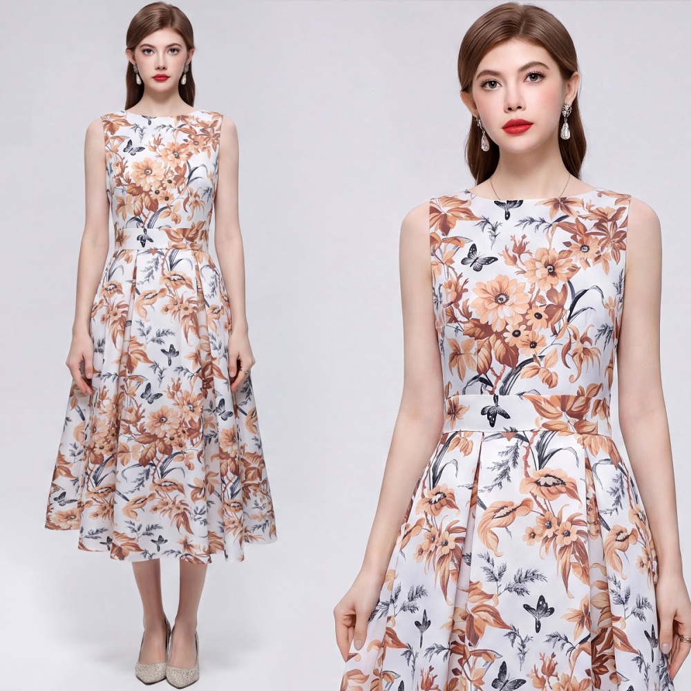A-line France style printing high waist pinched waist dress