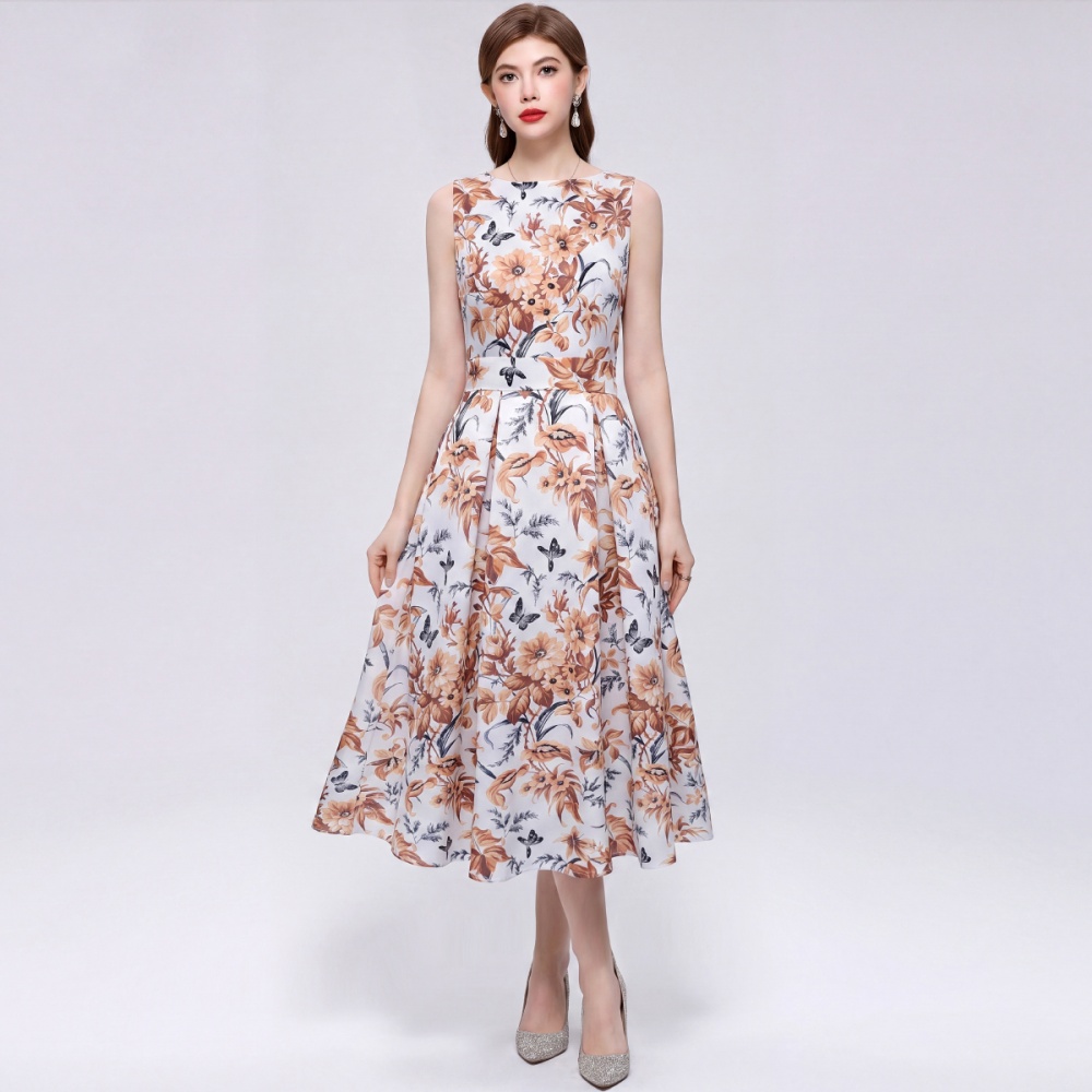 A-line France style printing high waist pinched waist dress