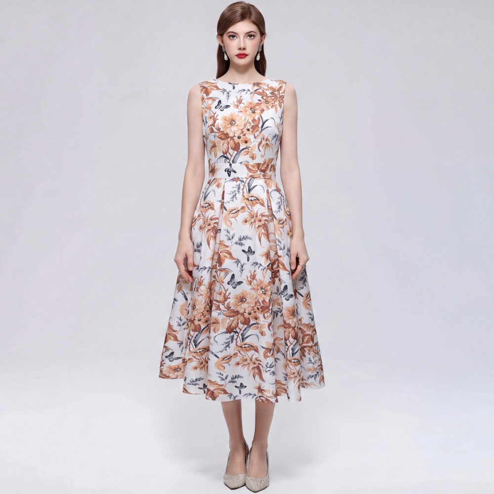 A-line France style printing high waist pinched waist dress