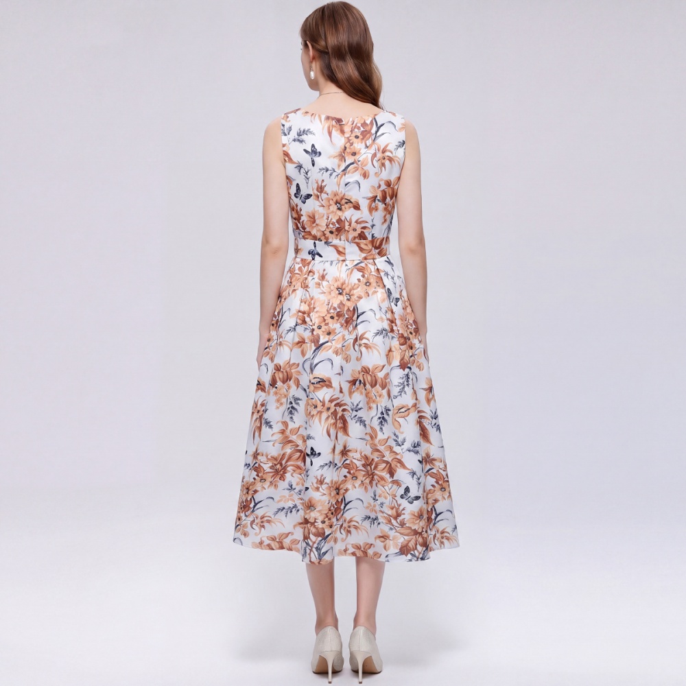 A-line France style printing high waist pinched waist dress