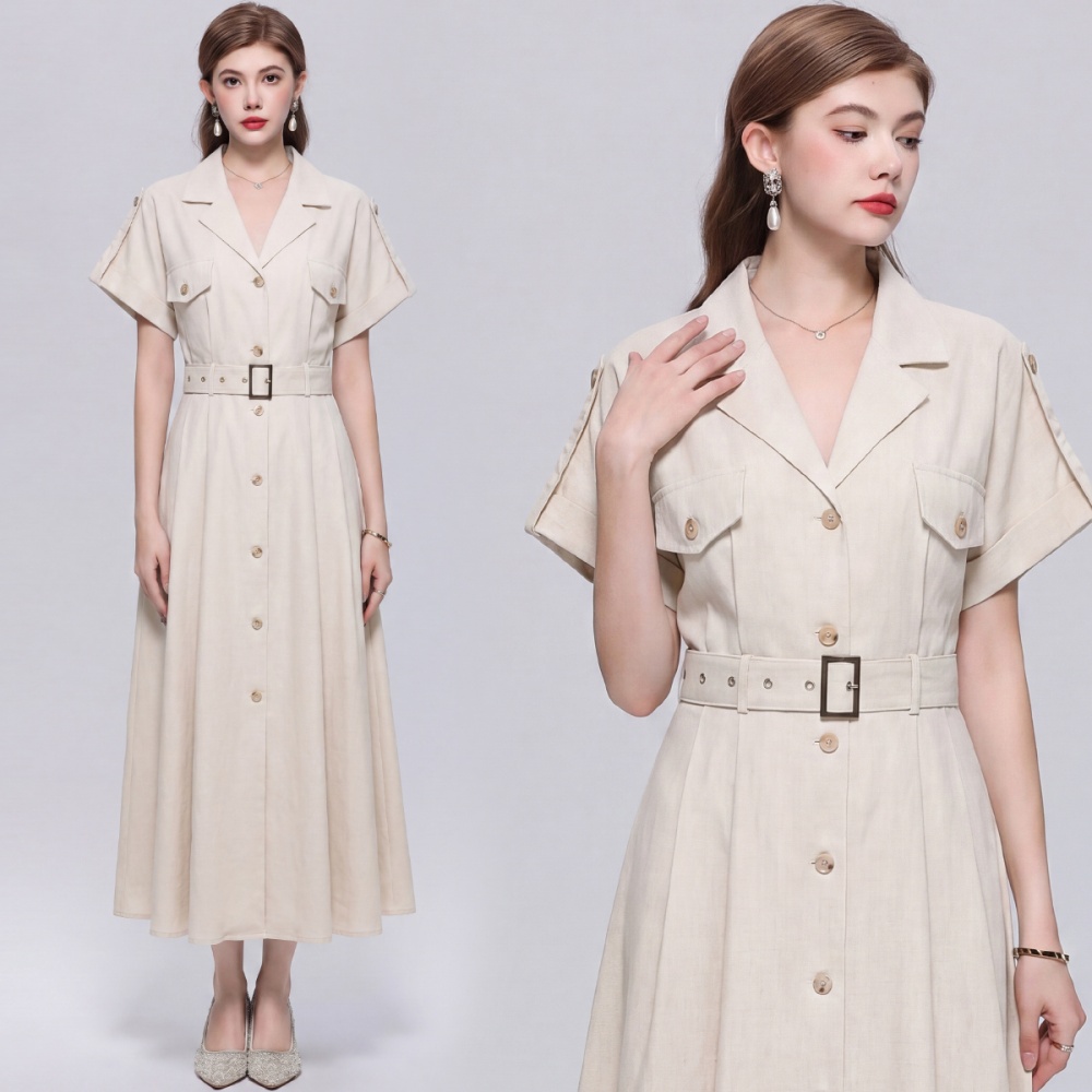 Pinched waist with belt shirt slim dress